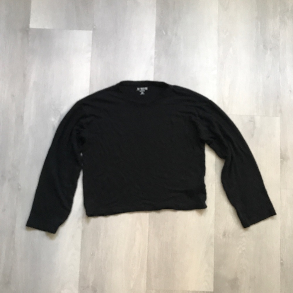 J CREW LINEN BLACK T SHIRT LONG SLEEVE CROPPED BASIC BLANK TEE XS